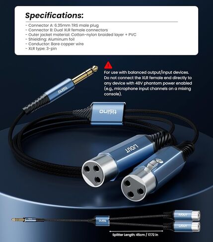 Tisino Dual XLR Female to 1/4"(6.35mm TRS) Y-Splitter Stereo Breakout Cable (1m/3.3 FT), TRS to XLR Cable for Mixers, Audio Interface, DJ Gear or Players to Speakers, Amplifiers, or Recorders in Saudi Arabia