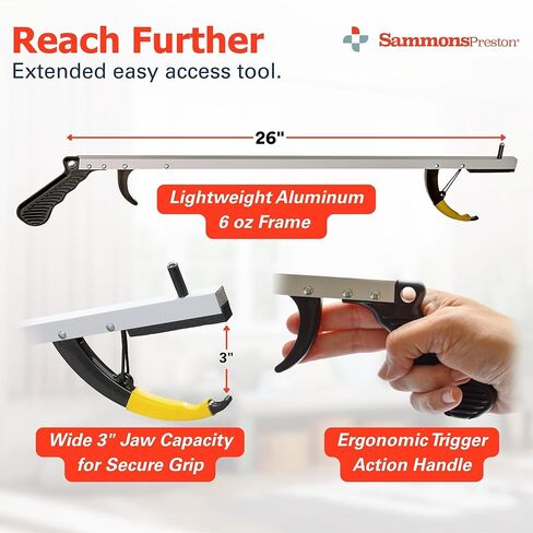 Sammons Preston Reacher, 26" Lightweight Grabber Reacher Tool with Magnetic Tip, Ergonomic Grip & Claw Jaw, Portable Reaching Aid for Seniors, Daily Living & Home Use, Standard Silver, 2 pack in Saudi Arabia