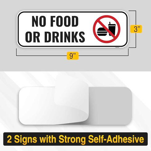 2PC No Food Or Drinks Sign, 9 x 3 Inches - Strong Self-Adhesive - Aluminum - No Outside Food Or Drink Beyond This Point in Saudi Arabia