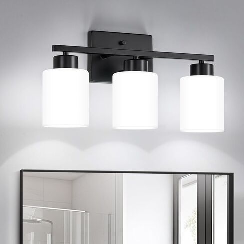FonmYim Black Bathroom Light Fixtures, 3-Light Modern Vanity Light Over Mirror, Wall Sconces with Milky White Frosted Glass Shades, E26 Socket (Bulbs Not Included) in Saudi Arabia