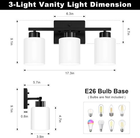 FonmYim Black Bathroom Light Fixtures, 3-Light Modern Vanity Light Over Mirror, Wall Sconces with Milky White Frosted Glass Shades, E26 Socket (Bulbs Not Included) in Saudi Arabia