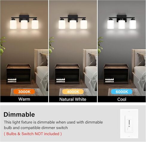 FonmYim Black Bathroom Light Fixtures, 3-Light Modern Vanity Light Over Mirror, Wall Sconces with Milky White Frosted Glass Shades, E26 Socket (Bulbs Not Included) in Saudi Arabia