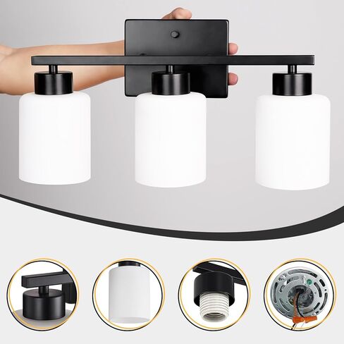 FonmYim Black Bathroom Light Fixtures, 3-Light Modern Vanity Light Over Mirror, Wall Sconces with Milky White Frosted Glass Shades, E26 Socket (Bulbs Not Included) in Saudi Arabia
