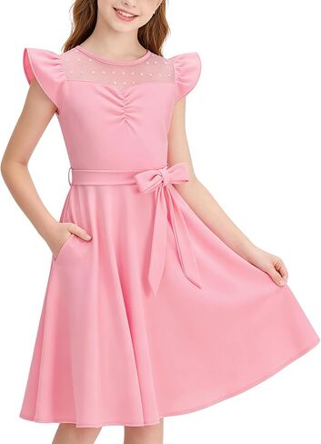 Girls Dresses Summer Casual Party Ruffle Sleeve A Line Dress with Pockets, Mesh & Removable Belt in Saudi Arabia