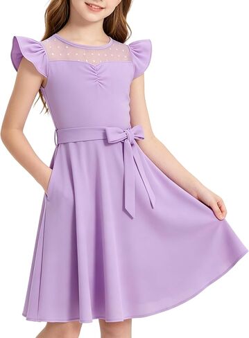 Girls Dresses Summer Casual Party Ruffle Sleeve A Line Dress with Pockets, Mesh & Removable Belt in Saudi Arabia