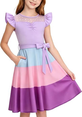 Girls Dresses Summer Casual Party Ruffle Sleeve A Line Dress with Pockets, Mesh & Removable Belt in Saudi Arabia