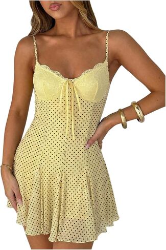 GORGLITTER Women's Polka Dots Mini Dress Y2k Lace Mesh Bow Tie Front V Neck A Line Dresses Coquette Clothes in Saudi Arabia