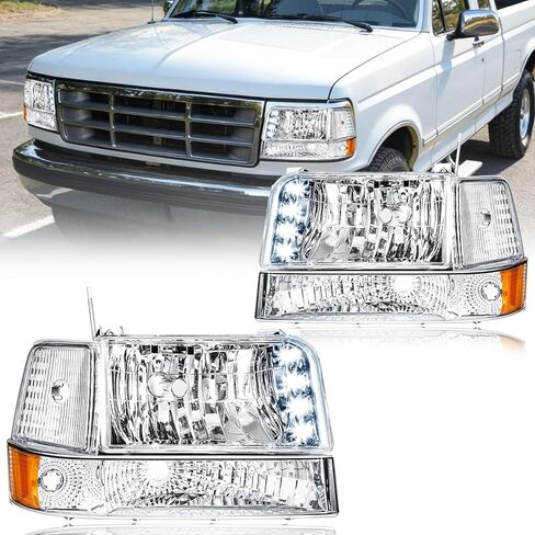 LED DRL Headlight, Headlights Assembly Kit Compatible with 1992-1996 Ford F150/F250/F350/Bronco Headlamp Black Housing Amber Reflector in Saudi Arabia