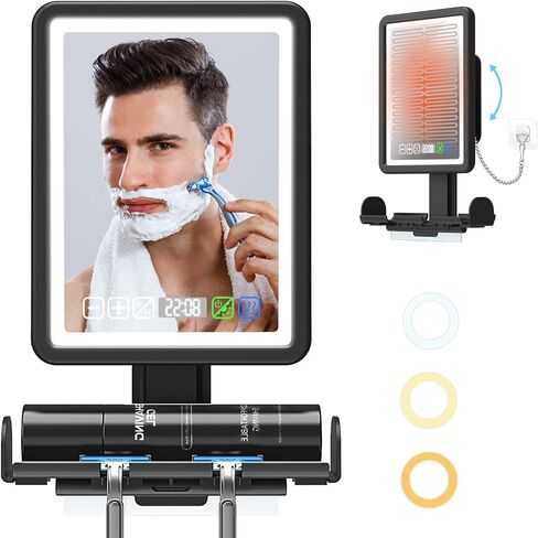 مرآة دش بدون ضباب للحلاقة، مرآة LED قابلة لإعادة الشحن قابلة للتسخين بدون ضباب للاستحمام مع ساعة رقمية وصينية تخزين، إضاءة 3 ألوان، شاشة تعمل باللمس خافتة للضوء، مرآة حلاقة مضادة للضباب للاستحمام in Saudi Arabia