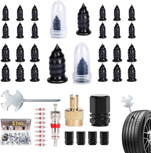 مجموعة قابس الإطارات 57 قطعة من GTILL Tell - 40 سدادة في الإطارات، أداة أساسية للصمام، 10 قلوب صمامات، 5 أغطية غبار ومفك براغي متعدد الوظائف - طقم إصلاح الإطارات المسطحة للسيارة والشاحنات والدراجات النارية بإطارات بدون أنابيب in Saudi Arabia