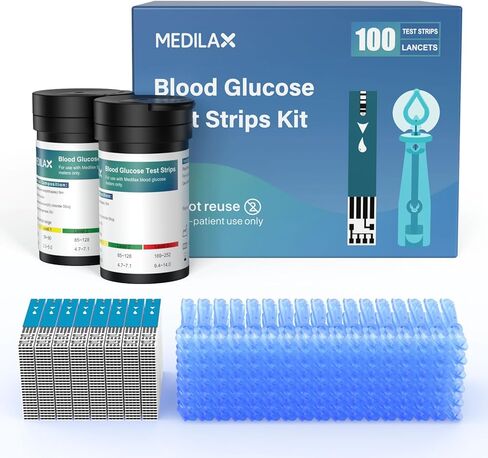 Medilax Blood Glucose Test Strips, 100 Counts Blood Sugar Test Strips + 100 Counts Lancets, Only for Medilax Blood Glucose Monitor Kit for Diabetes, High Accuracy & Fast Results in Saudi Arabia