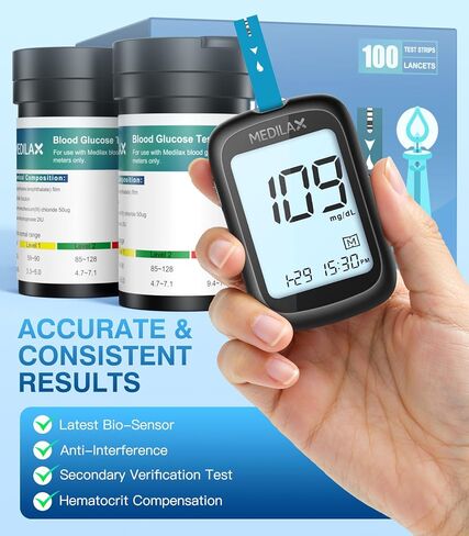 Medilax Blood Glucose Test Strips, 100 Counts Blood Sugar Test Strips + 100 Counts Lancets, Only for Medilax Blood Glucose Monitor Kit for Diabetes, High Accuracy & Fast Results in Saudi Arabia