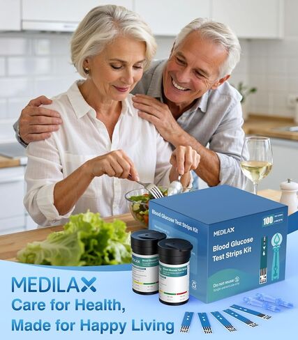 Medilax Blood Glucose Test Strips, 100 Counts Blood Sugar Test Strips + 100 Counts Lancets, Only for Medilax Blood Glucose Monitor Kit for Diabetes, High Accuracy & Fast Results in Saudi Arabia