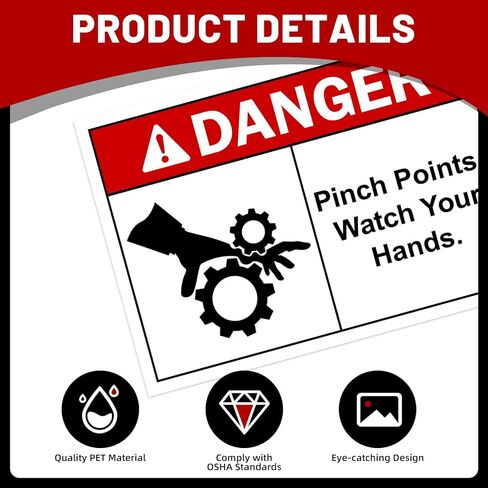 100 Pcs Pinch Points Danger Labels - 5 x 3.5 Inch Watch Your Hands OSHA Safety Warning Sign Stickers, PET Material for Industrial Warehouse, Machine and Equipment in Saudi Arabia