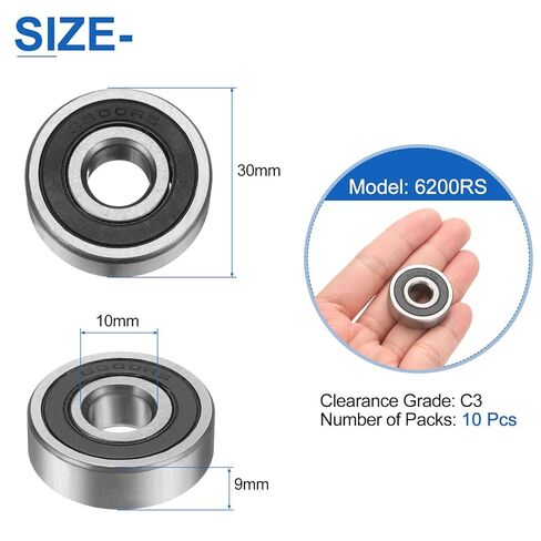 uxcell 10pcs 6200RS Deep Groove Ball Bearings 10 x 30 x 9mm High Carbon Steel Double Sealed Bearings C3 Clearance Grade for Electric Motor, Home Appliances, Garden Machinery, Silver in Saudi Arabia