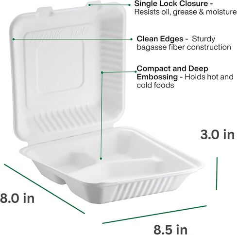 تفل قصب السكر القابل للتحلل بمفصلات مقاس 8 × 8 بوصة، 3 أقسام (50 حزمة) خالية من PFAS، جودة المطاعم، صديقة للبيئة، علب طعام شديدة التحمل من لب قصب السكر in Saudi Arabia