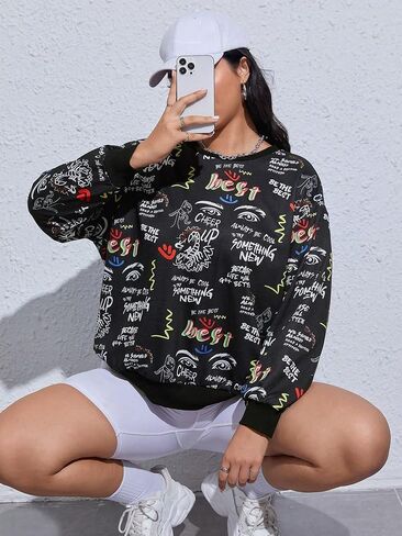 Women's Plus Size Cartoon Sweatshirt Long Sleeve Round Neck Pullover Top in Saudi Arabia
