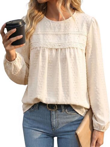 Long Sleeve Tops for Women Crewneck Boho Loose Fit Shirts Flowy Lace Hem Swiss Dot Crochet 2026 Casual Blouses in Saudi Arabia