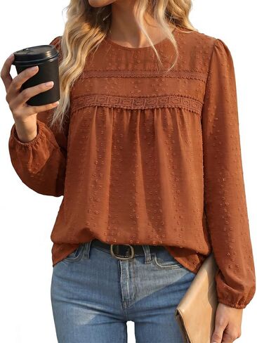 بلوزات طويلة الأكمام للنساء Crewneck بوهو فضفاض قمصان مناسبة فلوي الدانتيل تنحنح نقطة سويسرية الكروشيه 2026 بلوزات غير رسمية in Kuwait