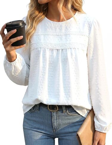 بلوزات طويلة الأكمام للنساء Crewneck بوهو فضفاض قمصان مناسبة فلوي الدانتيل تنحنح نقطة سويسرية الكروشيه 2026 بلوزات غير رسمية in Kuwait