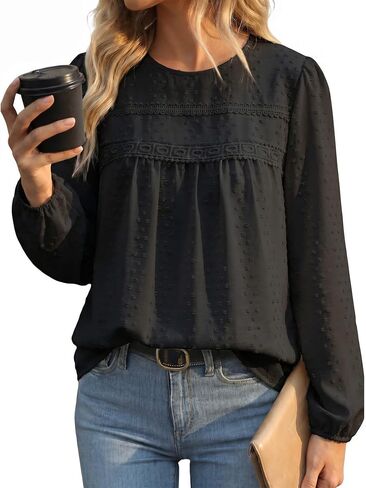 بلوزات طويلة الأكمام للنساء Crewneck بوهو فضفاض قمصان مناسبة فلوي الدانتيل تنحنح نقطة سويسرية الكروشيه 2026 بلوزات غير رسمية in Kuwait