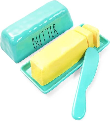TP Butter Dish with Lid, Melamine Butter Holder for Countertop with Knife, Butter Keeper Container with Cover, Unbreakable Durable Dishwasher Safe, Teal in Saudi Arabia