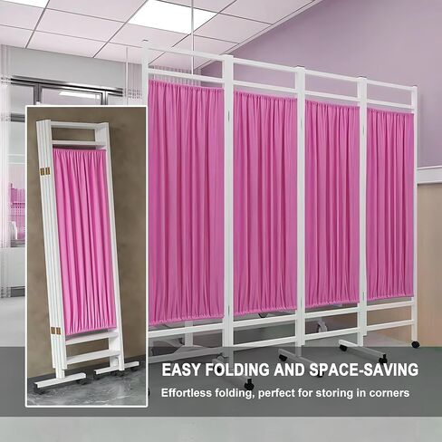 Medical Room Divider, Medical Privacy Screens, Waterproof Nylon Fabric, Compact and Foldable Rolling Screen with Silent Wheels, Suit for Hospitals, Clinics, and Nursing Homes (Pink, 4-Panel) in Saudi Arabia
