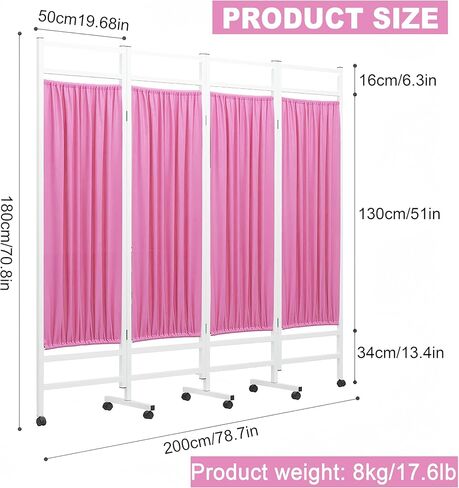 Medical Room Divider, Medical Privacy Screens, Waterproof Nylon Fabric, Compact and Foldable Rolling Screen with Silent Wheels, Suit for Hospitals, Clinics, and Nursing Homes (Pink, 4-Panel) in Saudi Arabia