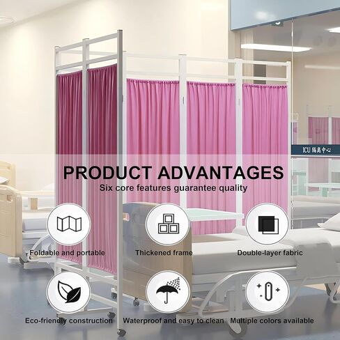 Medical Room Divider, Medical Privacy Screens, Waterproof Nylon Fabric, Compact and Foldable Rolling Screen with Silent Wheels, Suit for Hospitals, Clinics, and Nursing Homes (Pink, 4-Panel) in Saudi Arabia