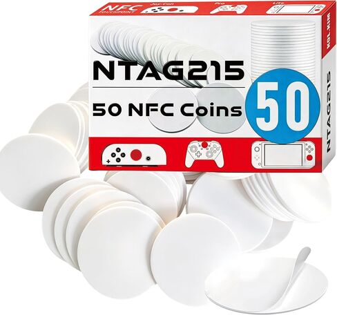 50 قطعة من علامات NTAG215 NFC 215 - بطاقات/ملصقات/عملات معدنية فارغة قابلة للبرمجة وقابلة لإعادة الكتابة مع ظهر لاصق، ذاكرة 504 بايت، متوافقة مع جهاز TagMo/Amiibo/Yoto NFC in Kuwait