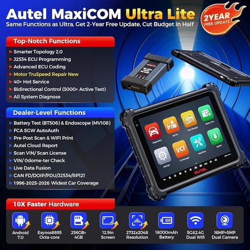 2025 Autel MaxiCOM Ultra Lite، تحديث مجاني لمدة عامين، ترقية MS919/ Elite II Pro مثل MaxiSys Ultra، إصلاح Motor TruSpeed، Topology 2.0، البرمجة والترميز، 40 خدمة، 3000+ اختبار، 4+256 جيجا in Saudi Arabia