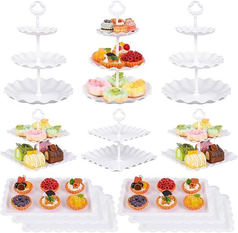 12-Pack Dessert Table Display Set, 6 Cupcake Stands and 6 Dessert Trays, Plastic Dessert Display Stands and Cake Stand, Treat Table Displays Set for Wedding, Baby Shower, Tea Party (White) in Saudi Arabia