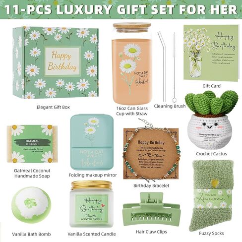 Uongeod Birthday Gifts for Women,Happy Birthday Gifts for Women 11PCS Birthday Basket for Women Green Best Friend Birthday Gifts Baskets for Women Mom Wife Daughter Aunt Sister Coworkers in Saudi Arabia