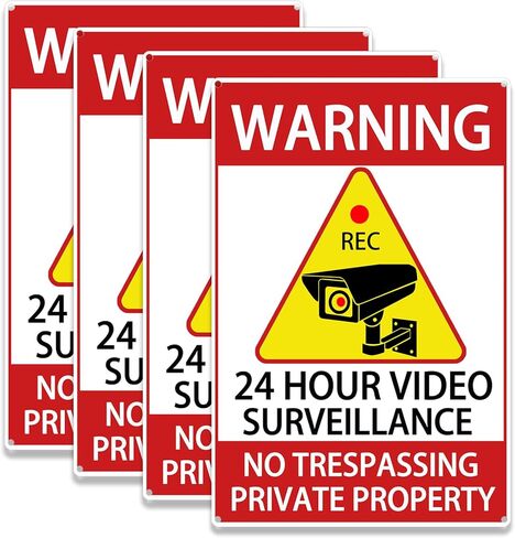 24 Hour Video Surveillance Sign 4 Pack, 12x8 Inch Aluminum CCTV Security Camera Warning Signs, Reflective UV Protected Waterproof No Trespassing Signs for Home Business Outdoor in Saudi Arabia