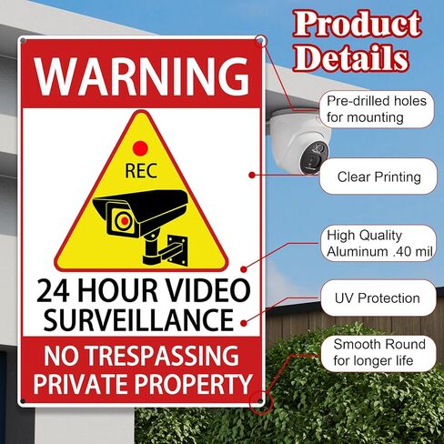 24 Hour Video Surveillance Sign 4 Pack, 12x8 Inch Aluminum CCTV Security Camera Warning Signs, Reflective UV Protected Waterproof No Trespassing Signs for Home Business Outdoor in Saudi Arabia