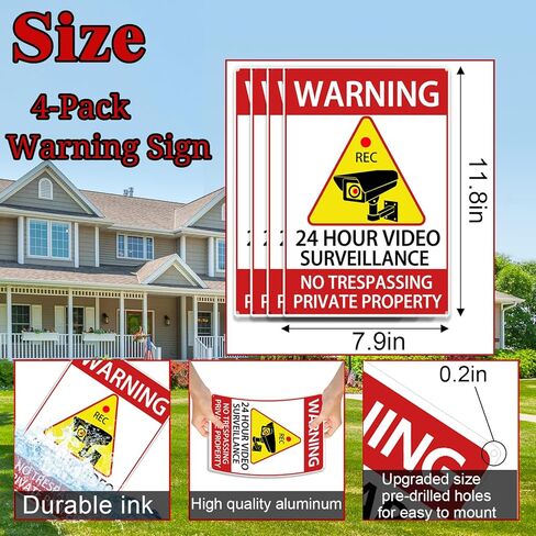 24 Hour Video Surveillance Sign 4 Pack, 12x8 Inch Aluminum CCTV Security Camera Warning Signs, Reflective UV Protected Waterproof No Trespassing Signs for Home Business Outdoor in Saudi Arabia