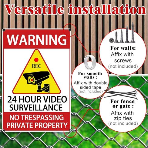 24 Hour Video Surveillance Sign 4 Pack, 12x8 Inch Aluminum CCTV Security Camera Warning Signs, Reflective UV Protected Waterproof No Trespassing Signs for Home Business Outdoor in Saudi Arabia