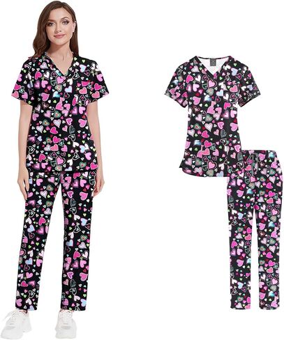 Medical Scrubs Set- Classic V-Neck Top & Jogger Pants, Uniforms Print Scrubs,Scrub Tops and Scrub Pants in Saudi Arabia