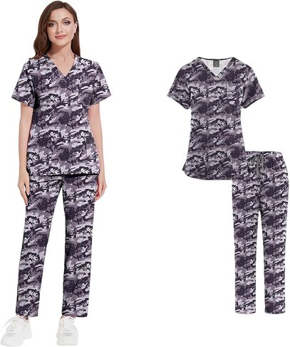 Medical Scrubs Set- Classic V-Neck Top & Jogger Pants, Uniforms Print Scrubs,Scrub Tops and Scrub Pants in Saudi Arabia