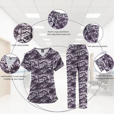 Medical Scrubs Set- Classic V-Neck Top & Jogger Pants, Uniforms Print Scrubs,Scrub Tops and Scrub Pants in Saudi Arabia