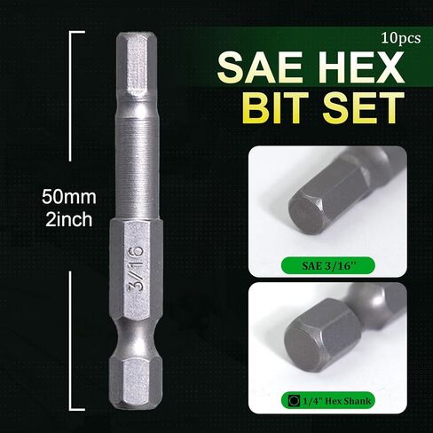 2 بوصة 3/16 "SAE Hex Head Allen Wrench مثقاب، 10 قطع مجموعة لقم سداسية من الصلب S2 من تايوان الصناعية، 1/4" ساق سداسية، لقم مفاتيح ألين مغناطيسية بآلة CNC للإصلاحات الثقيلة والأعمال اليدوية in Kuwait