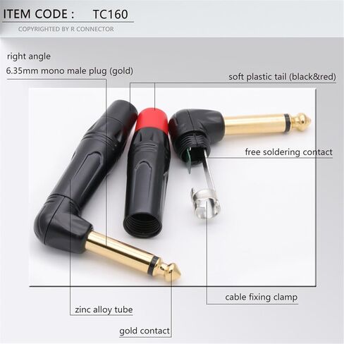 10PCS Right Angle Jack 6.35MM Mono/Stereo 6.3MM Male Connector Brass 1/4 Inch Plug Microphone Connector(Mono Red) in Saudi Arabia