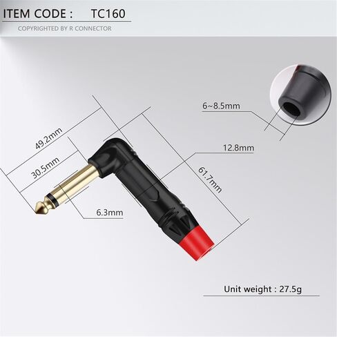 10PCS Right Angle Jack 6.35MM Mono/Stereo 6.3MM Male Connector Brass 1/4 Inch Plug Microphone Connector(Mono Red) in Saudi Arabia