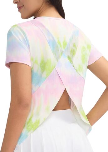 Ama Larsi Women’s Printed Workout Tops Short Sleeve Athletic Gym T-Shirt Split Back Breathable Loose Fit Yoga Tee in Saudi Arabia