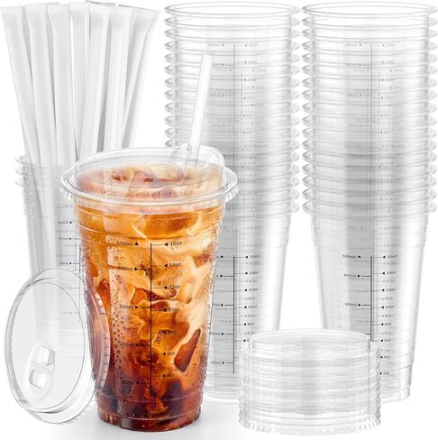 100 Pack - 16 oz Ratio Lines Iced Coffee Cups with Lids & Straws – No Guessing for Consistent Drinks, Disposable Clear Plastic Cups with Lids and Straws for Coffee, Smoothies, Juice, Parties Food Safe in Saudi Arabia