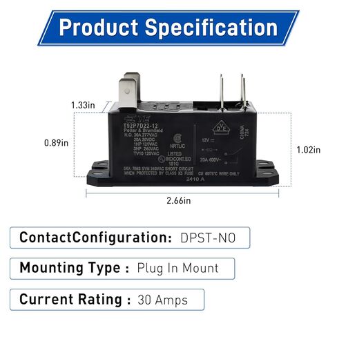 مرحل طاقة T92P7D22-12، مرحل تثبيت لوحة 12VDC 30A DPST-NO متوافق مع TE Connect ivity/Pot TER & Brum Field لأنظمة HVAC للسيارات والتحكم، عبوتان in Saudi Arabia