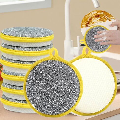 6 pcs Double-Sided Dishwashing Sponges: Round Nylon-Filament Scrubbing Pads Ideal for Cleaning Dishes/Pots/Pans/Sink, and Basin in The Kitchen(Yellow) in Saudi Arabia