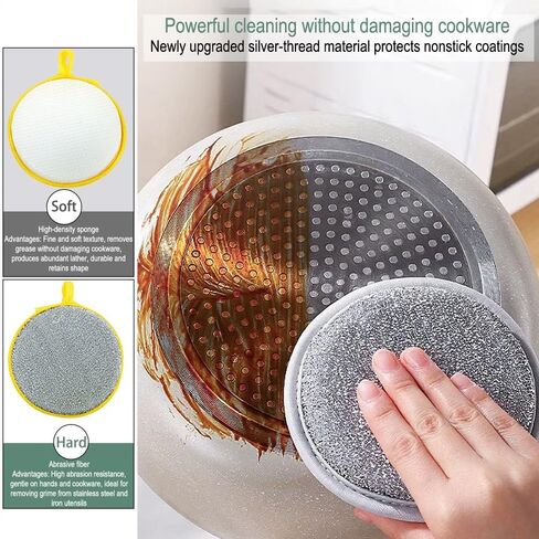 6 pcs Double-Sided Dishwashing Sponges: Round Nylon-Filament Scrubbing Pads Ideal for Cleaning Dishes/Pots/Pans/Sink, and Basin in The Kitchen(Yellow) in Saudi Arabia