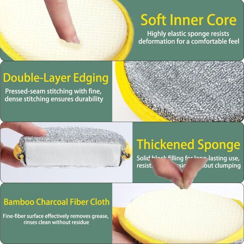 6 pcs Double-Sided Dishwashing Sponges: Round Nylon-Filament Scrubbing Pads Ideal for Cleaning Dishes/Pots/Pans/Sink, and Basin in The Kitchen(Yellow) in Saudi Arabia