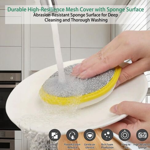 6 pcs Double-Sided Dishwashing Sponges: Round Nylon-Filament Scrubbing Pads Ideal for Cleaning Dishes/Pots/Pans/Sink, and Basin in The Kitchen(Yellow) in Saudi Arabia